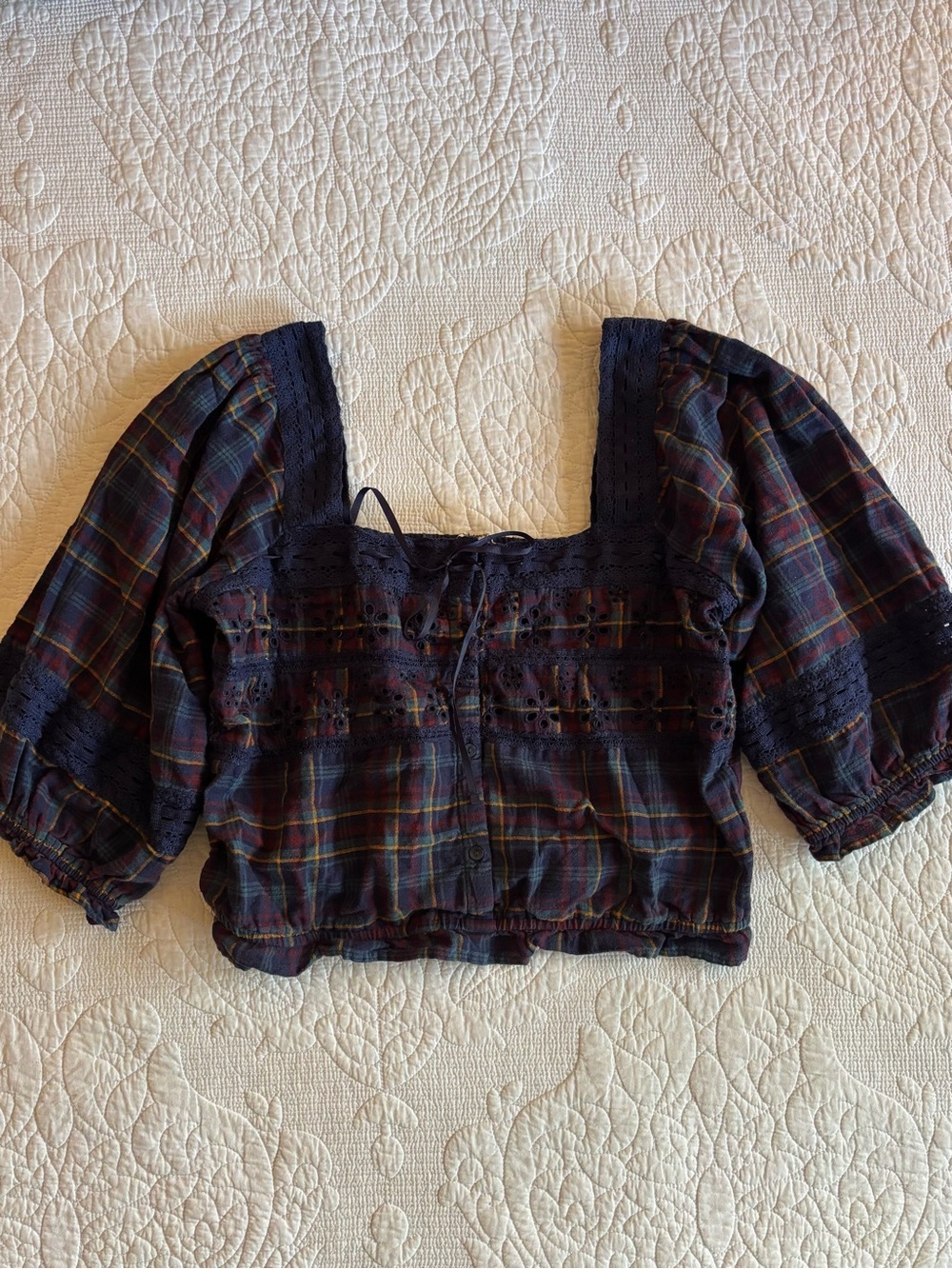 American Eagle Outfitters Navy and Green Plaid Peasant Blouse
